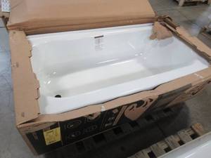 lot 529 image: Bootz Industries Maui 60 x 30 x 16 58 Left Drain Rectangular Alcove Soaking Bathtub in White, - Enamel Chip LH Front Corner and on Tile Flange.