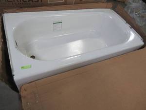 lot 532 image: American Standard Princeton 60 x 30 Americast Left-Hand Drain Bathtub in White, - Enamel Damage LH Corner by Overflow and around Tile Flange..