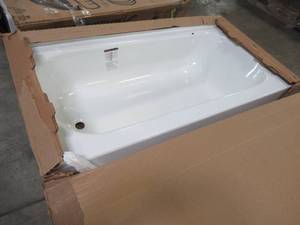 lot 533 image: Bootz Industries Aloha 60 x 30 Left Drain Rectangular White Alcove Soaking Bathtub in White. Slight Enamel Damage on RH Back Side of Wainscot.