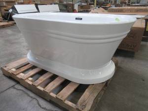 lot 535 image: Vanity Art Versailles 59 in. Acrylic Flatbottom Freestanding Bathtub in White - Cracked Base RH Bottom When Facing Overflow. Holds Water.
