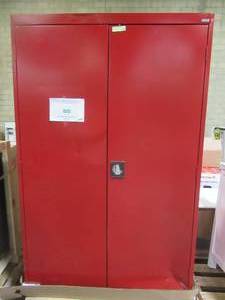 lot 210 image: Sandusky Elite Series Steel Freestanding Garage Cabinet in Red (46 in. W x 72 in. H x 24 in. D), EA4R4627472-01. - Dent Bottom RH Front Corner.
