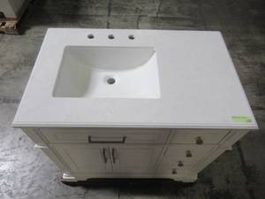 lot 314 image: Home Decorators Collection Melpark 36 in. W x 22 in. D Bath Vanity in White with Cultured Marble Vanity Top in White with White Sink Melpark 36W