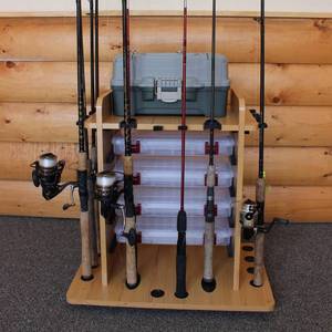 lot 819 image: Rush Creek Creations 14 Fishing Rod Rack with 4-Drawer Storage and Dual Rod Clips Features a Sleek Design and Wire Racking System, 38-2002.
