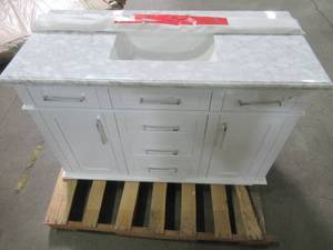lot 541 image: Home Decorators Collection Sonoma 48 in. W x 22 in. D Vanity in White with Marble Vanity Top in White with White Basin - Missing Feet, Damage where feet broke off.