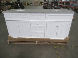 lot 543 image: Home Decorators Collection Fremont 72 in. W x 22 in. D Double Vanity in White with Granite Vanity Top in Grey with White Basins. - RH Basin is Cracked and CrackChip on RH Side of the Top.