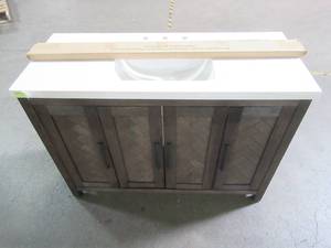 lot 544 image: Home Decorators collection Leary 48 in. W x 20 in. 34.5 in. H Bath Vanity in Dark Brown with Engineered Stone Vanity Top in White with White Basin - Scratch and dent, Crack on vanity top.