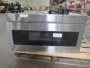 lot 450 image: Sharp 1.2 cu. ft. 24 in. Built-In Microwave Drawer with Concealed Controls in Black Stainless Steel Finish with Sensor Cooking SMD2470AH - Slight dent on LH Side.