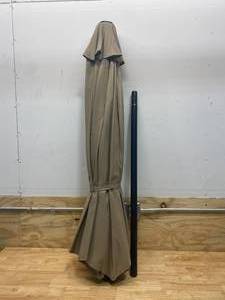 lot 22 image: HAMPTON BAY 9 ft. Aluminum Market Crank and Tilt Patio Umbrella in Riverbed Taupe