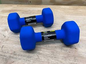 lot 42 image: CHAMPION- 8 lb Pair Blue Gear Neoprene Hex Dumbbell Hand Weights