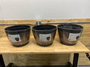 lot 71 image: Lot of 3-  16 in. Dia x 11.5 in. H Kentucky Walnut Resin Wine Barrels