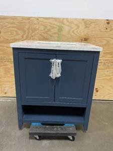 lot 14 image: HOME DECORATORS COLLECTION Newhall 30 in. W x 22 in. D Bath Vanity in Grayish Blue with Cultured Marble Vanity Top in White with White Basin. (Retails for $779)