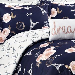 lot 21 image: Paris Rose Butterfly Script Reversible Navy FullQueen Quilt