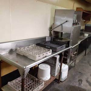 Commercial NSF dish washing system, with wash, rinse and sanitize chemicals. works well.  One counter is 114 long, the washer unit is 25 wide and the other counter is 66