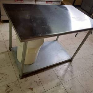 NSF stainless steel prep table with plastic container.  48 x 30 inch top, 34 tall