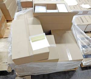 Huge Pallet of Thousands of 5 78 Inch x 8.25 Inch Gold Foil Lined White Sealing Envelopes