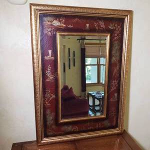 lot 83 image: Asian Red and Gold Gilt Beveled Mirror