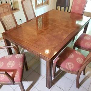 lot 51 image: Henredon Campaign Styled Dining Table Set  Oriental Upholstery