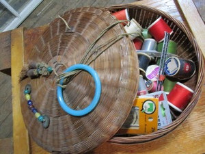 lot 65 image: Antique Sewing Basket & Notions