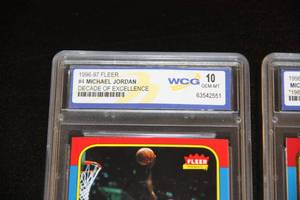 lot 47 image: 1996-97 & 1998 Fleer Graded 1986 Fleer Michael Jordan Rookie Reprint Lot  2 Cards