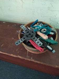 Collection of garden tools with box
