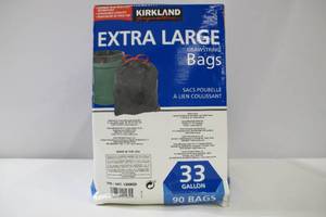 lot 545 image: Kirkland Signature Flex-Tech Extra Large Drawstring 33 Gallon Trash Bags (90 Bags)