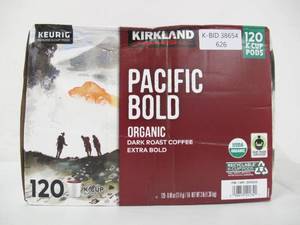 lot 626 image: Kirkland Signature Pacific Bold Organic Dark Roast Coffee - 120 Keurig K-Cup Pods