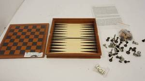 lot 7 image: Wood Box For Four Games--Backgammon-Checkers-Chess-Tic Tack Toe