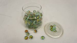 lot 12 image: Glass Jar & Lid  Half Filled With Colorful Marbles