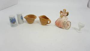 lot 42 image: Josef Original 10th Birthday Angel-Milk Glass Eye Cup-Forget Me Not Salt & Pepper Shakers-Rosemeade Creamer & Sugar