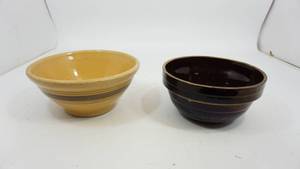 lot 43 image: Brown Stone Ware Bowl---Yellow Ware Bowl