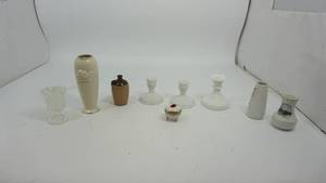 lot 44 image: White Lenox Vase--White Vase--Honefoss Vase--Vase--Ring Holder--Three Imperial Glass Candle Holders