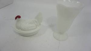 lot 51 image: Milk Glass Vase & Milk Glass Rooster Candy Dish With Cover