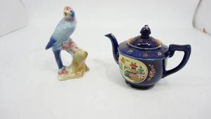 lot 54 image: Blue Glass Teapot With Cover---Royal Copley 8 Parrot