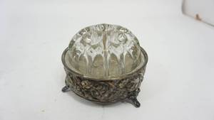lot 61 image: Round Domed Glass Flower Frog In Footed Metal Stand