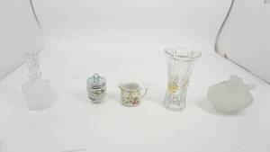 lot 62 image: Westmore Land Frosted Glass Candy Dish--Small Creamer--Egg Coddler--Perfume Bottle--Crystal Vase