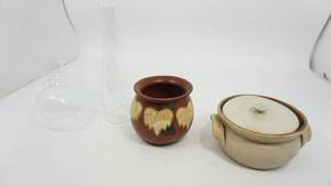 lot 69 image: Navajo Brown Pot--Stanel Stoneware Handled Bowl With Lid--Two Glass Chimneys