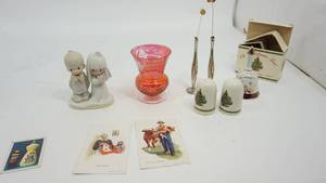 lot 70 image: Precious Moments Statue--40th Anniversary Bell--Ceramic Salt & Pepper Shakers--Two Silver Vases With Gold Roses In Them--Red Etched Vase