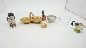 lot 71 image: Divided Candy Dish--Two Canning Funnels--Multicolored Rooster--Porcelain Angel-Porcelain Duck