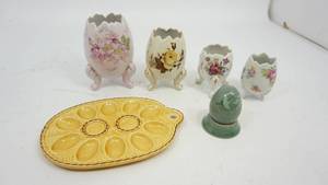 lot 72 image: Four Footed Egg Vases--Yellow Develed Egg Plate--Green Ceramic Egg On Base