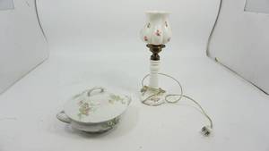 lot 73 image: Handled China Serving Bowl W Cover--Vanity Milk Glass Electric Lamp W Shade
