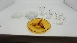 lot 74 image: Divided Dish--Glass Dessert Plates--Glass Saucers--Footed Sugar--Handles Creamer & Sugar