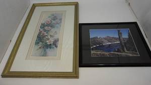 lot 85 image: Framed Matted Crater Lake Picture & Framed Matted Chinese Artist From Taiwan Flower Picture