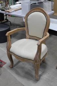 lot 48 image: Linen Upholstered Wood Oval Back Dining Chair