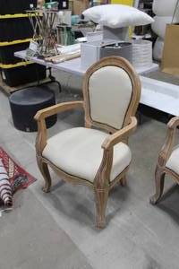 lot 46 image: Linen Upholstered Wood Oval Back Dining Chair