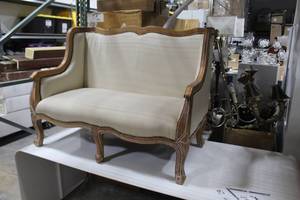 lot 1 image: Linen Upholstered Wood Loveseat