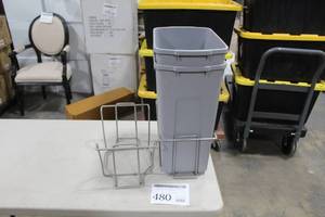 lot 480 image: Lot of (2) Plastic Trash Cans  - Wire Rack Trash Can Holder