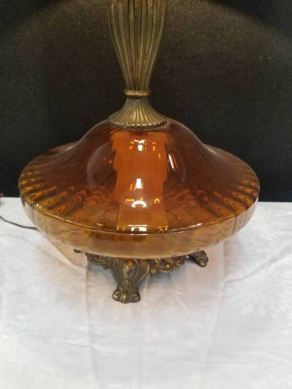 Mid Century Amber Glass & Brass Table Lamp
