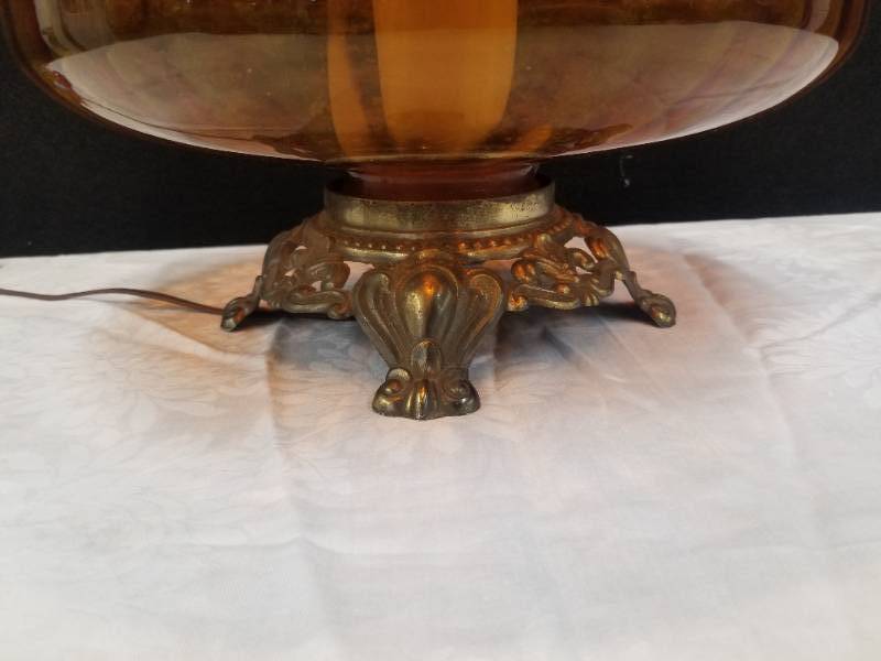 Mid Century Amber Glass & Brass Table Lamp