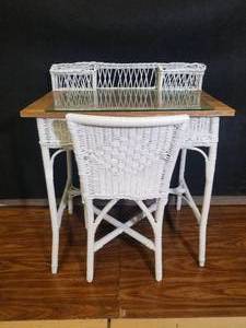 lot 16 image: Amazing Antique Wicker Writing Desk and Chair with Custom Glass and Original Wood Top- Restored