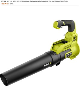 RYOBI 40V 110 MPH 525 CFM Cordless Battery Variable-Speed Jet Fan Leaf Blower (Tool-Only). See Pictures